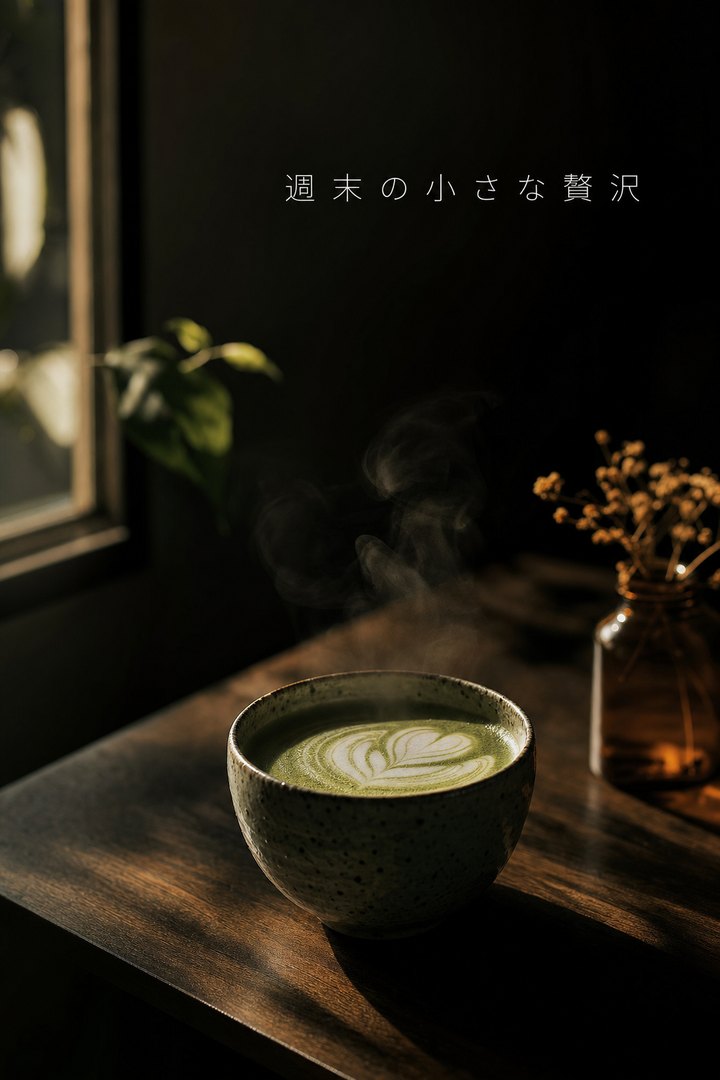 カフェの投稿例。暗い店内に差す朝の光と、湯気の立つ抹茶ラテの写真に「週末の小さな贅沢」の見出し。