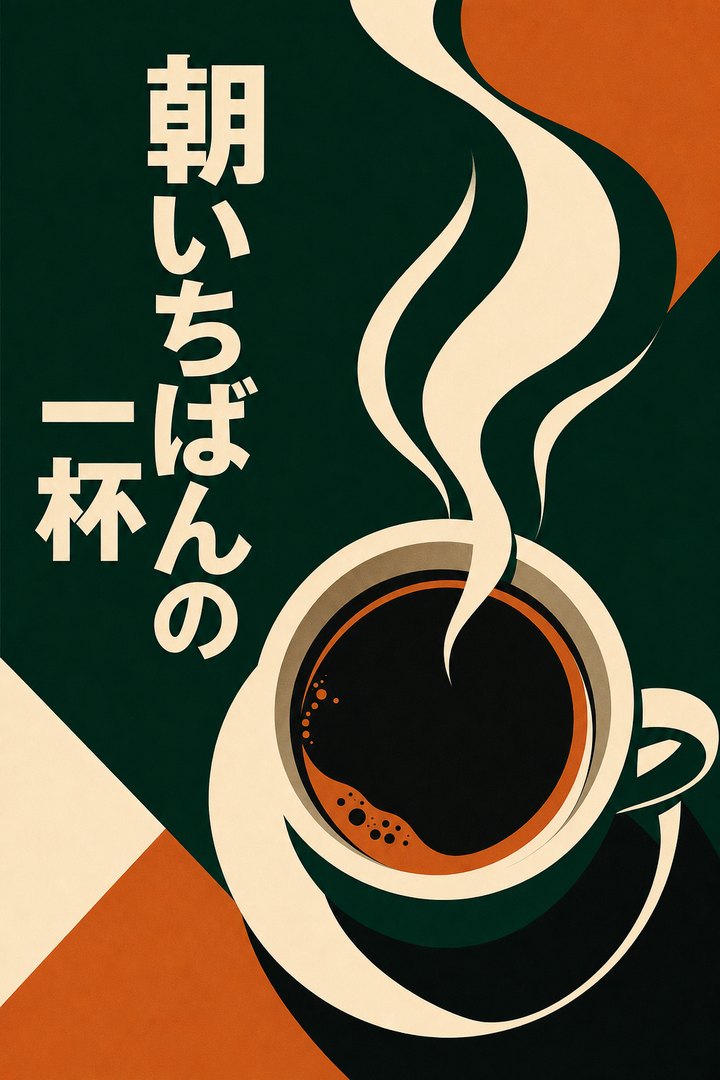 Postra が生成した Instagram 向け投稿ビジュアルの例。深緑と朱のフラットなイラストで、真上から見たコーヒーと「朝いちばんの一杯」の見出し。