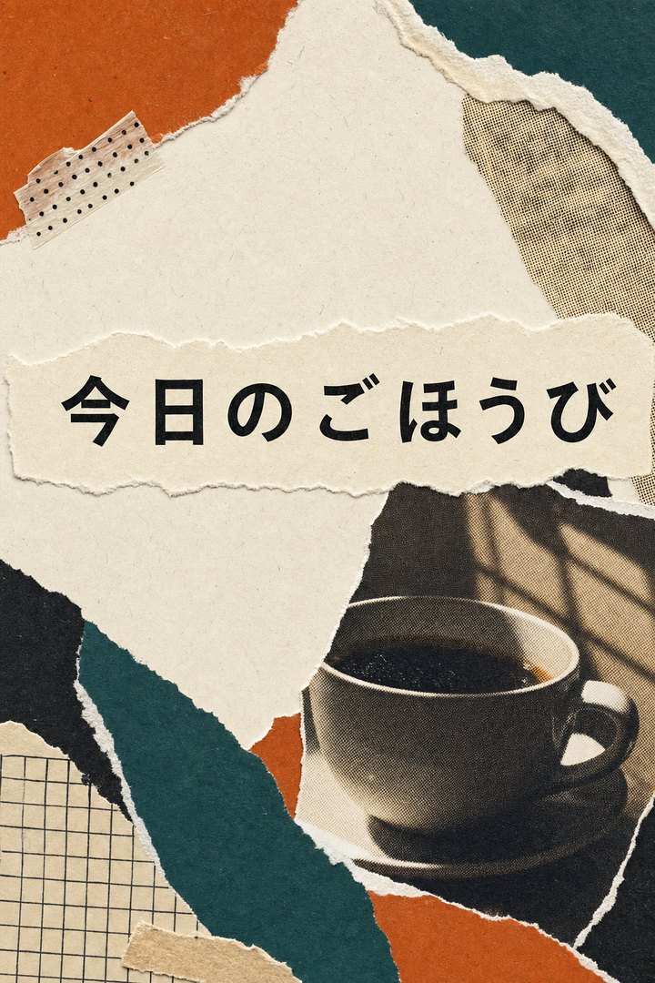 同じカフェの投稿例。破った紙のコラージュに網点のコーヒー写真を重ね、「今日のごほうび」。