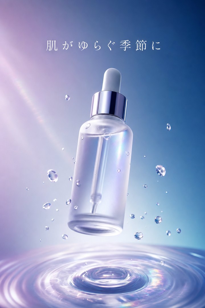 スキンケアブランドの投稿例。水面の上に浮かぶ 3D レンダリングの美容液ボトルと「肌がゆらぐ季節に」。