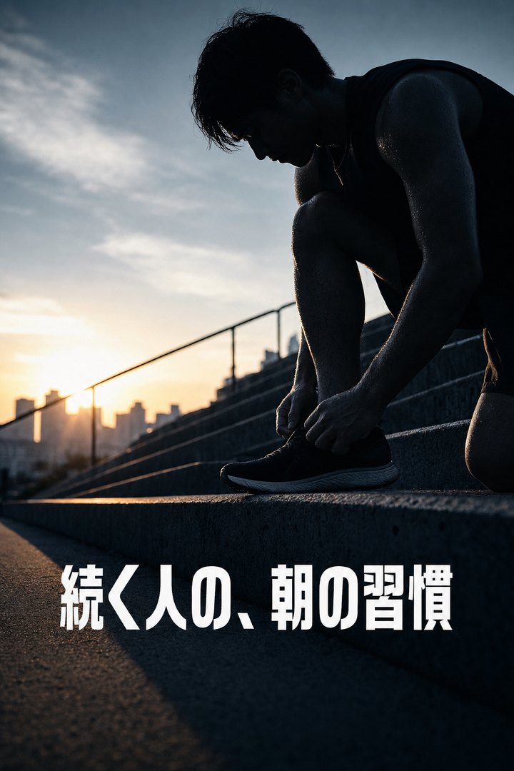 フィットネススタジオの投稿例。夜明けの階段で靴紐を結ぶ人物の逆光シルエットと「続く人の、朝の習慣」。